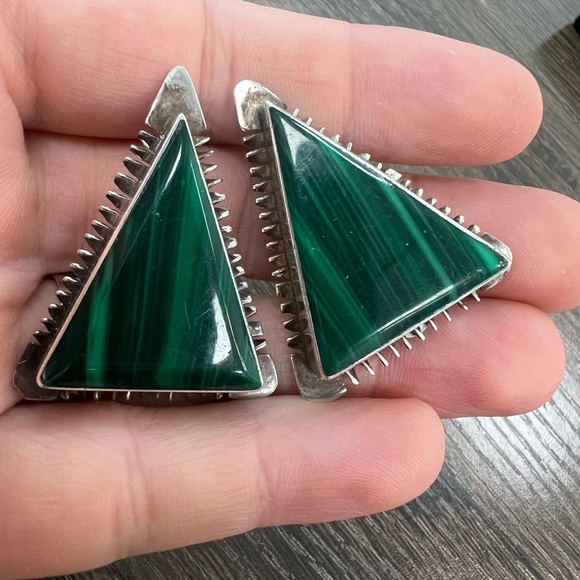 Jewelry - Vintage TAXCO Earrings MALACHITE Gemstones Sterling Mexico Clip 24G